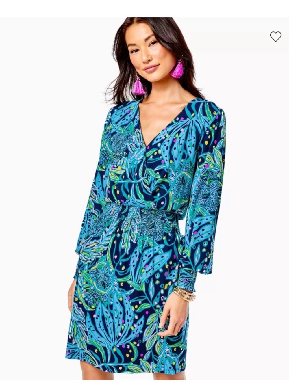 Lilly Pulitzer Tally Dress Blue & Teal Long Sleeve V-Neck Dress Large